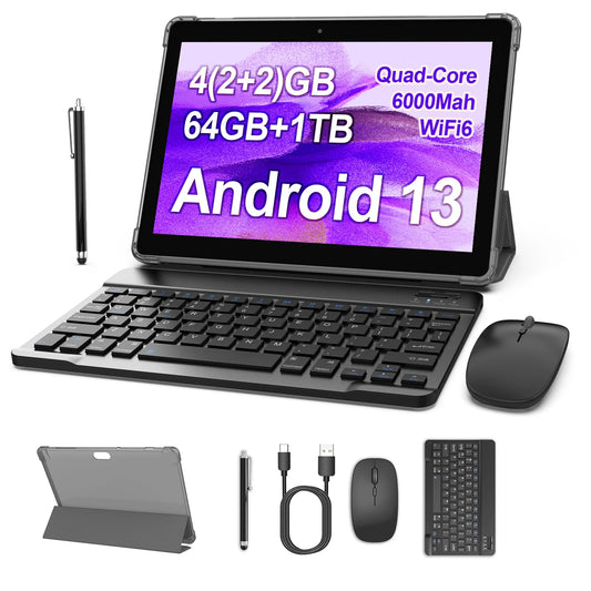 BAKEN 10.1" Android 13 Tablet – 4GB+64GB, Quad-Core, Dual Cameras, WiFi & Bluetooth 2-in-1 Tablet