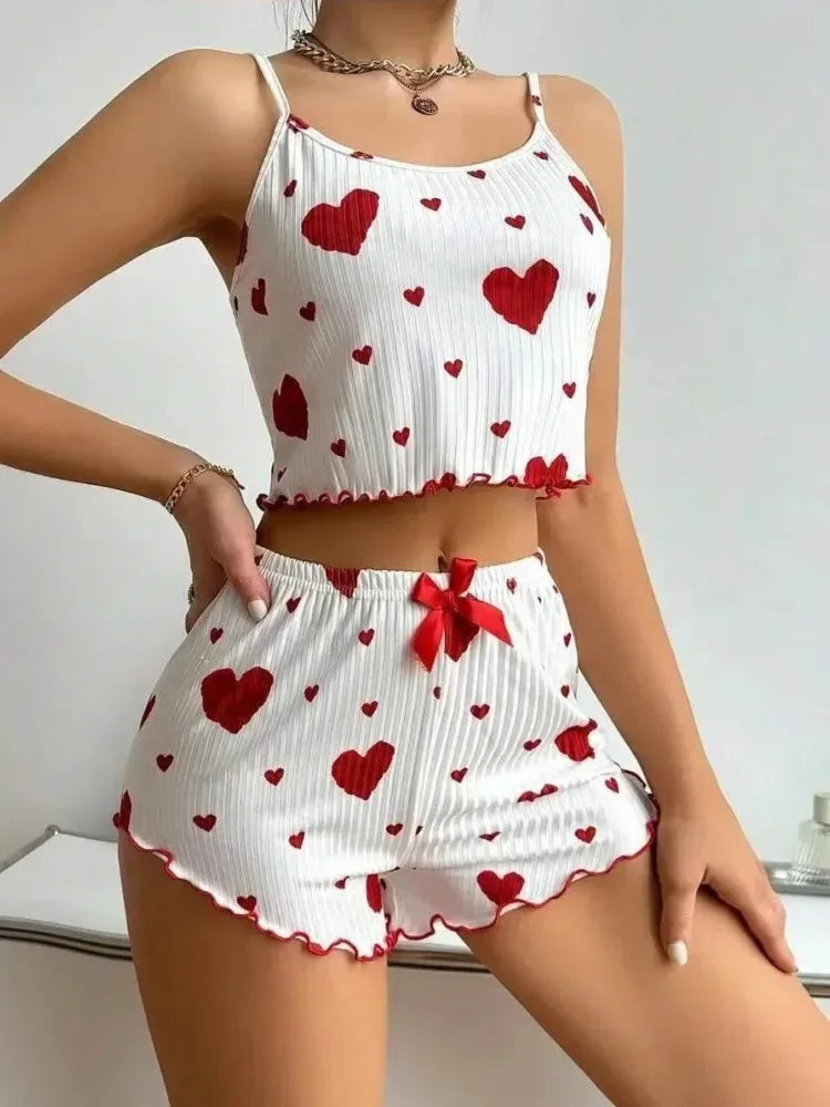 Women’s Autumn Winter Pajama Set – Heart Print Sleeveless Cami Top & Long Pants Sleepwear