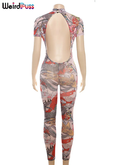 Weird Puss See-Through Jumpsuit for Women - Backless Dragon Print Short Sleeve Fitness & Workout Slim Stretch Clubwear