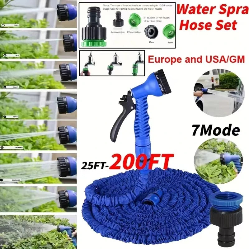 25FT–200FT Expandable Garden Hose – Lightweight Durable Watering Tool with 7-Function Spray Gun