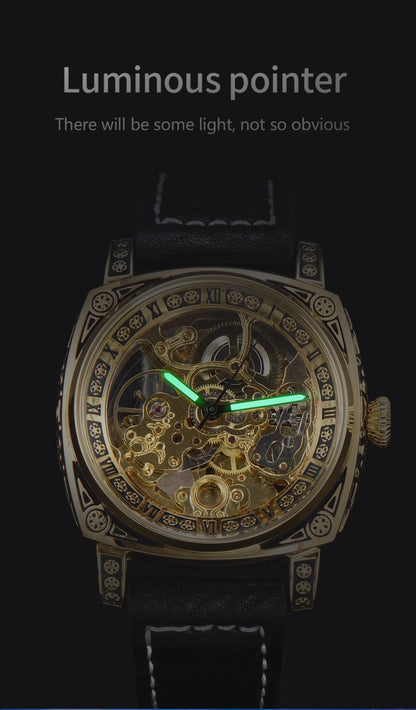 LONGLUX Automatic Mechanical Skeleton Watch – Retro Style Waterproof Leather Men’s Wristwatch, No Logo