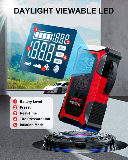 GOOLOO A3 3000A Jump Starter with Air Compressor – Portable Car Battery Booster for 9.0L Gas & 6.5L Diesel, 150PSI with Auto Shut-Off