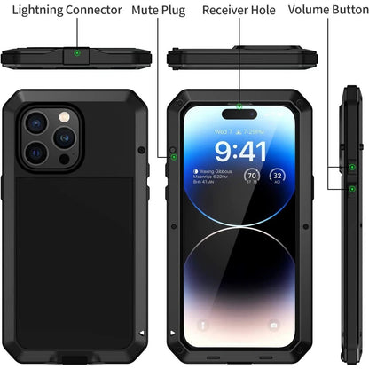 Heavy Duty Aluminum Metal Case for iPhone 16/15/14/13/12/11 Pro Max – Shockproof Gorilla Glass Cover for iPhone XS Max/XR/7/8