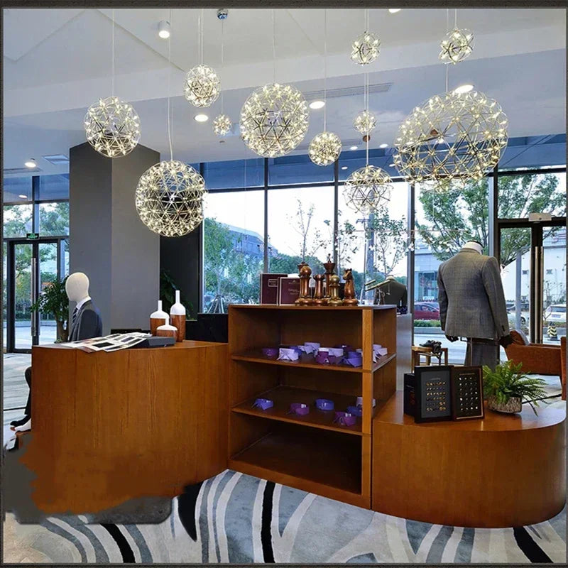 Italy Designer Spark Ball LED Chandelier – Stainless Steel Firework Pendant Lamp with Remote for Loft Living Room Decor