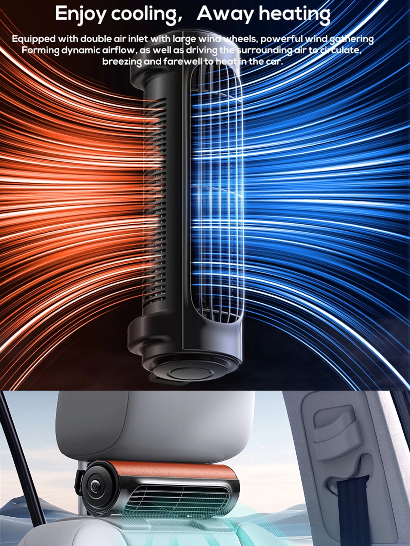 Vissko Portable Car Seat Fan – USB-Powered Headrest Cooling Air Fan with Adjustable Strap for Front & Rear Seats