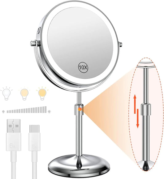 8-Inch Makeup Mirror with Light – 10X Magnification, 3 Color LED, Adjustable Brightness & Height Standing Cosmetic Mirror