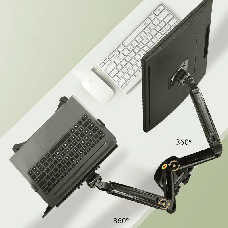 Desktop Dual Arm Gas Spring Monitor Holder + Laptop Stand | NB F160 + FP-2 | 17"-27" Monitor, 10"-17" Laptop Support | Air Press Mount Stand