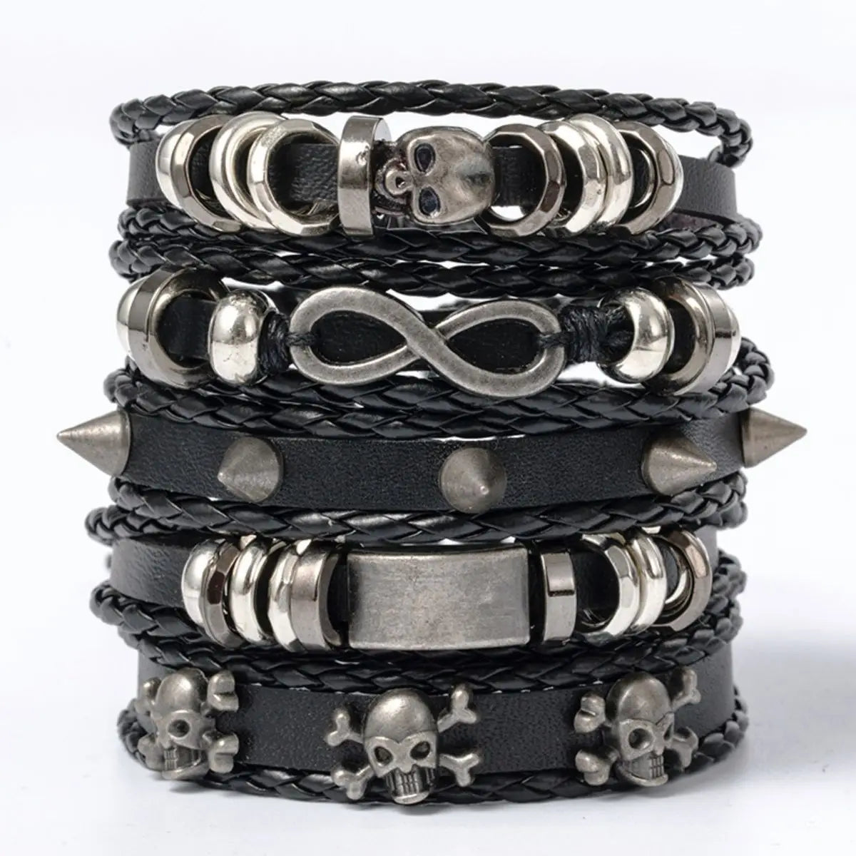 6PCS Black Punk Bracelet Set – Skull & Star Shaped Alloy with PU Leather