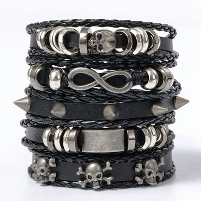 6PCS Black Punk Bracelet Set – Skull & Star Shaped Alloy with PU Leather