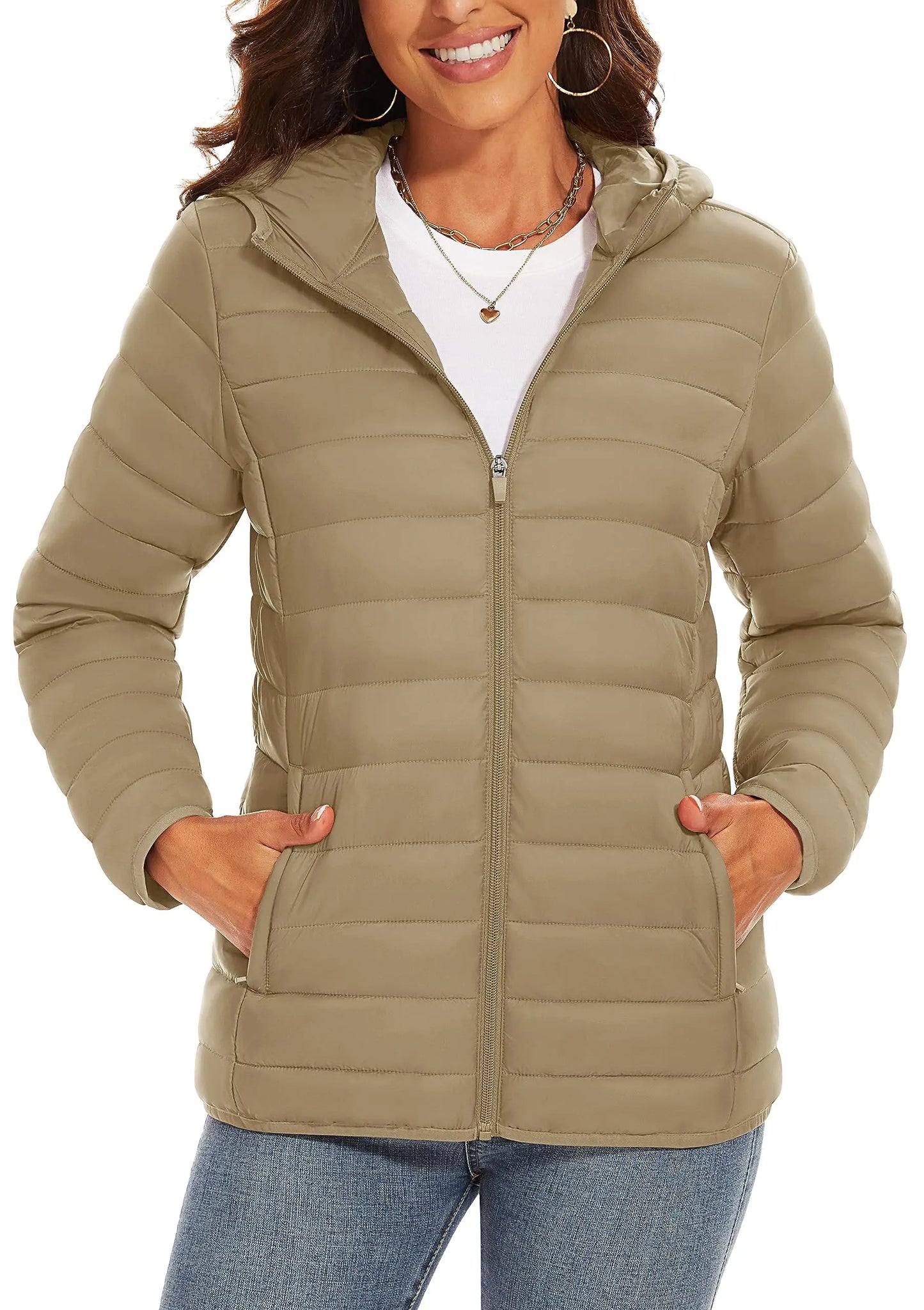 TACVASEN Women's Hooded Puffer Jacket – Full Zip Quilted Winter Coat, Lightweight Windbreaker Outerwear