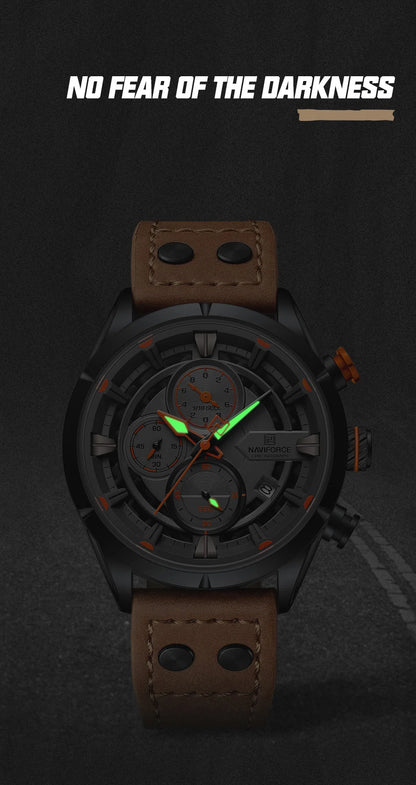 NAVIFORCE Men's Casual Watch – Luxury Waterproof Chronograph Quartz Wristwatch with Genuine Leather Strap