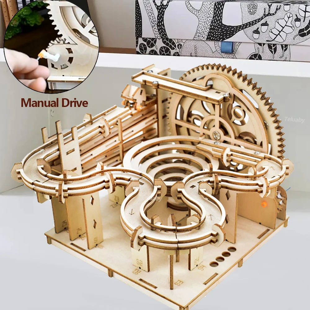 3D Wooden Puzzle DIY Mechanical Model Kit – Marble Run Set with 4 Balls, Assemble Toys for Adults & Kids, Unique Gifts