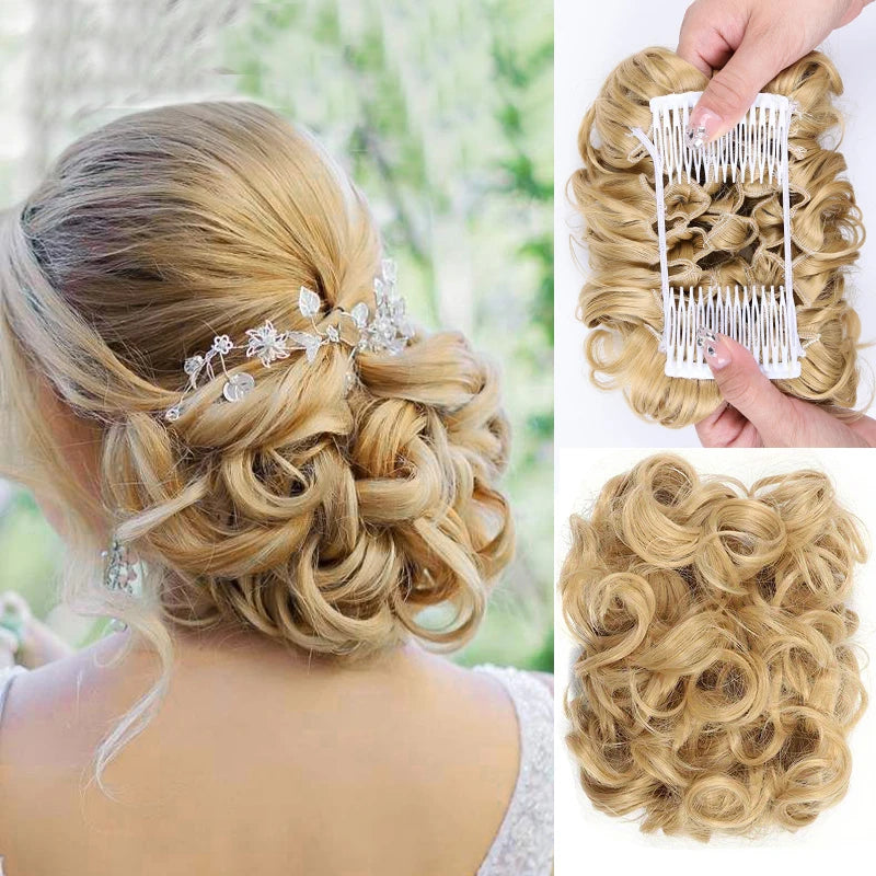 Short Messy Curly Hair Bun Extension – Easy Stretch Combs & Clip-in Ponytail Scrunchie Chignon for Hair Styling