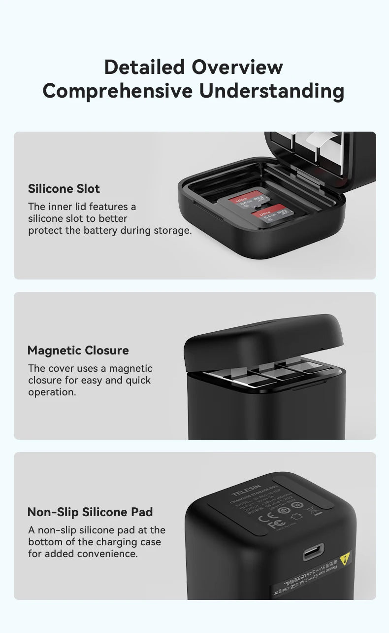 TELESIN 3-Slot Fast Battery Charger for GoPro Hero 13 – Portable Charging Dock for Action Camera Accessories