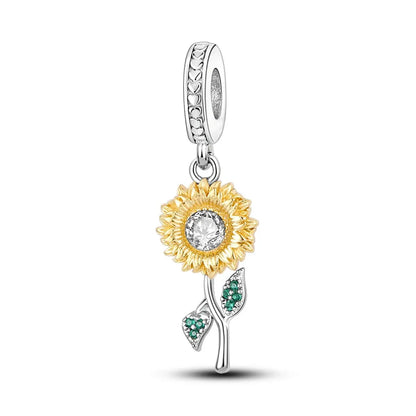 MULA Silver-Plated Sunflower & Four-Leaf Clover Dangle Charms - DIY 3MM Snake Chain Bracelet