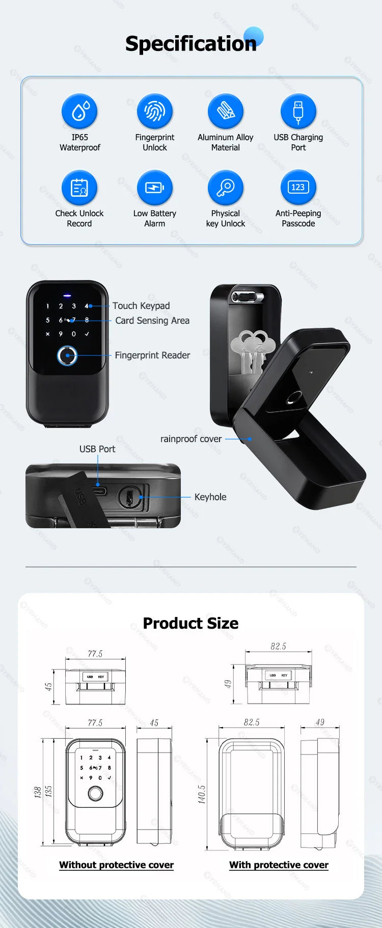 YRHAND TTlock Smart Password Fingerprint Lock Box – Digital Card & Tuya-Compatible Portable IP66 Security for Smart Homes