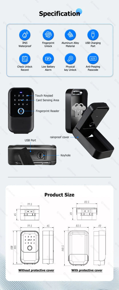 YRHAND TTlock Smart Password Fingerprint Lock Box – Digital Card & Tuya-Compatible Portable IP66 Security for Smart Homes