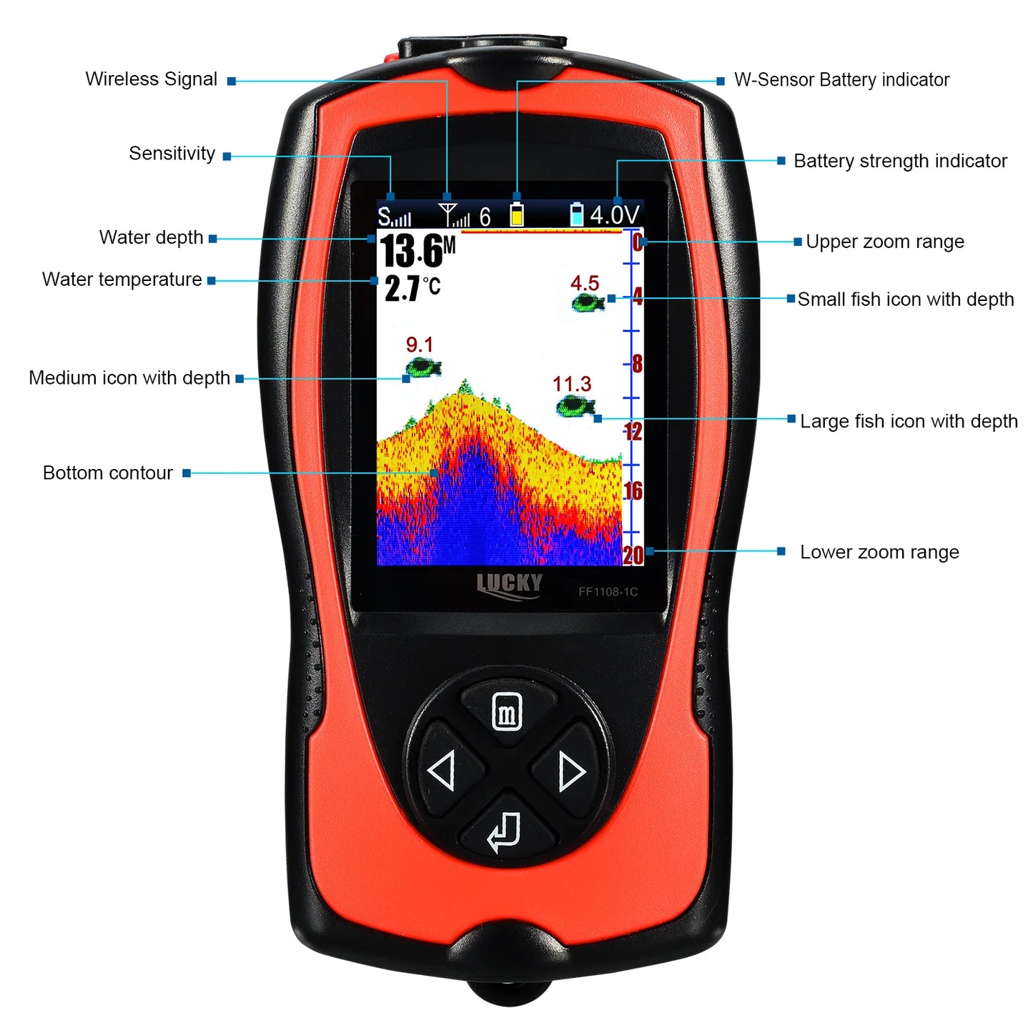Lucky Sonar Fish Finder FF1108-1CWLA – Rechargeable Wireless Sensor, 45M Depth Echo Sounder for Portable Fishing