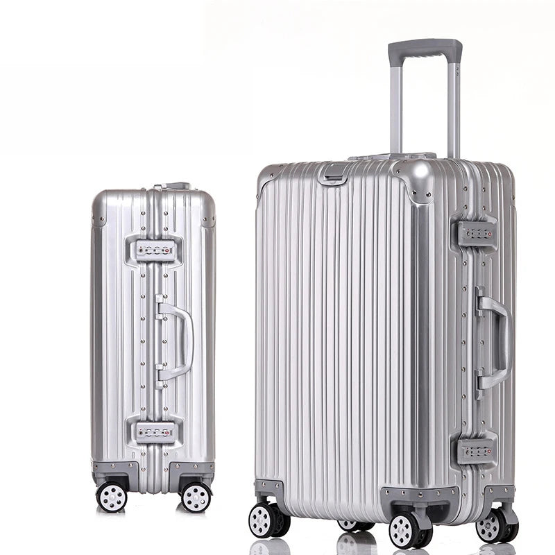 Aluminum Metal Luggage Carry-On Travel Bags - 20/22/28/30 Inch Trolley Suitcase with Cabin Size and Password Lock