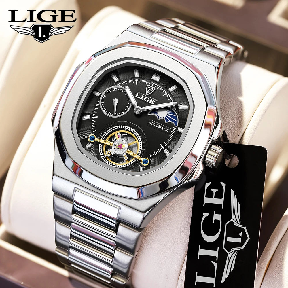 LIGE Dual Seconds Tourbillon Watch – Men's Stainless Steel Mechanical Timepiece, 24H, Night Glow, Waterproof