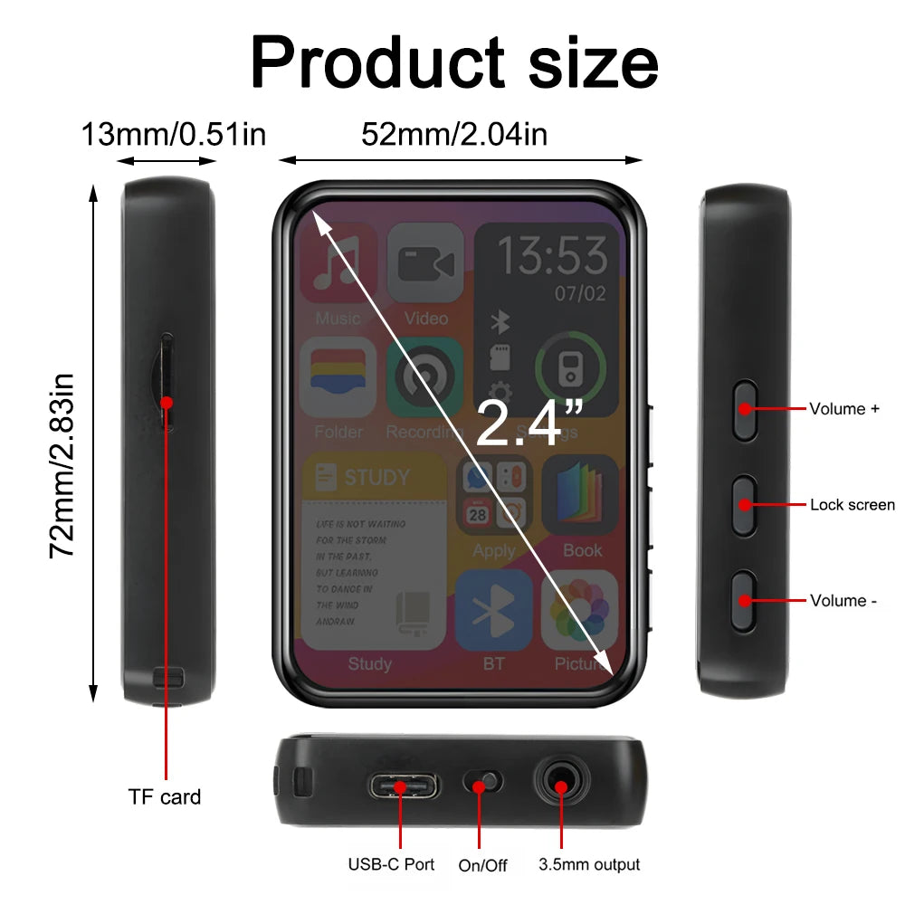 32GB MP3 Player with 2.4" Touch Screen & Bluetooth 5.4 – HiFi Music Player with Speaker, Recorder, Ebook & Photo Viewer