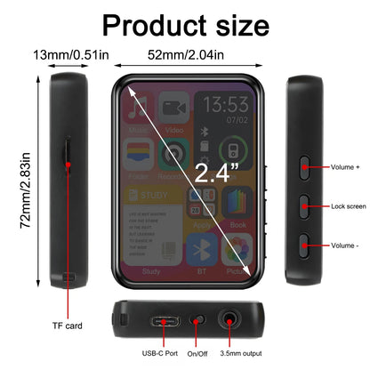32GB MP3 Player with 2.4" Touch Screen & Bluetooth 5.4 – HiFi Music Player with Speaker, Recorder, Ebook & Photo Viewer