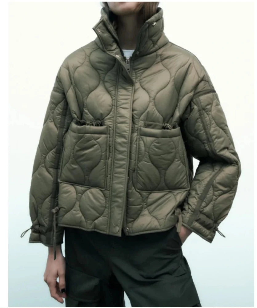 2024 ETJ Quilted Women's Coat – Beige Drawstring High Neck Jacket with Ties & Pockets