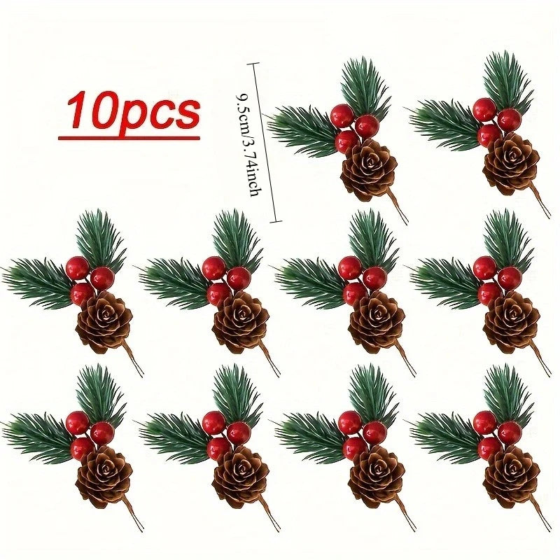10pcs Artificial Pine Cones & Red Berries – Christmas Tree Toppers & Holiday Decor Set