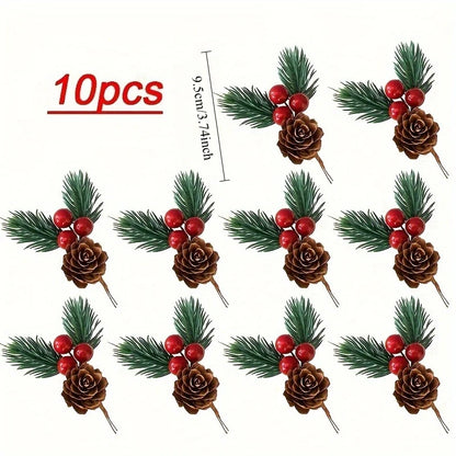 10pcs Artificial Pine Cones & Red Berries – Christmas Tree Toppers & Holiday Decor Set