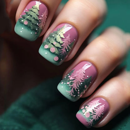 Medium Long Christmas Fake Nails – Square & Almond Tips with Tree, Snowflake & Snowman Designs