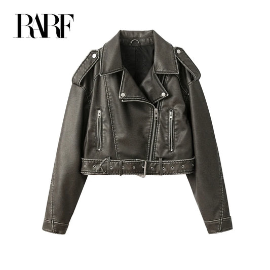 RARF 2024 Women's Washed Leather Jacket – Coal Gray Short Coat with Belt, Vintage Lapel & Zipper
