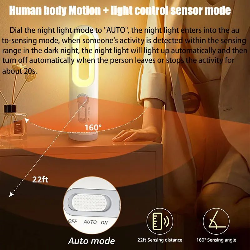 2 in 1 Portable Flashlight & Motion Sensor Night Light - Bedroom, Bathroom, Camping & Baby Feeding Lighting | Eye Care Bedside Lamp