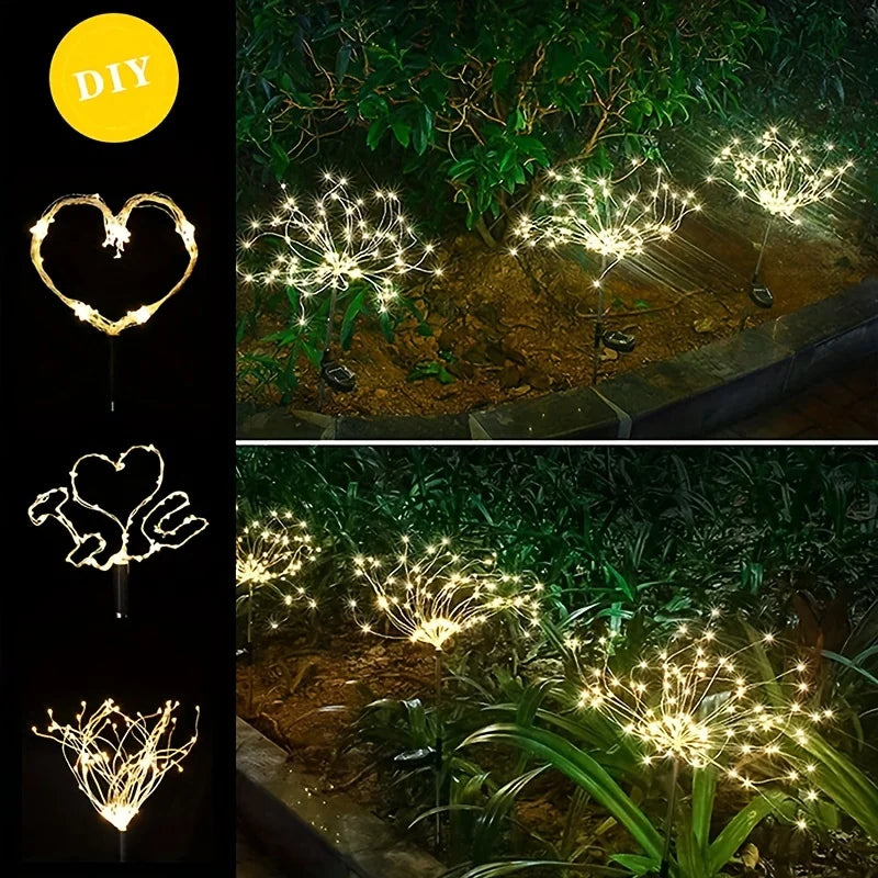 1PC Solar Fireworks Lamp - Outdoor Grass Globe Dandelion Flash String Fairy Lights - 90/150/200 LED for Garden Lawn Holiday Lighting