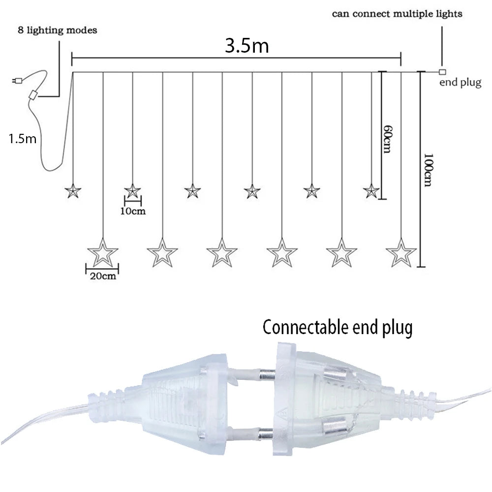 3.5M Star Curtain LED String Lights – 138 LEDs Fairy Lights for Christmas, Home, Bedroom, Window, Outdoor Party, and Holiday Decoration