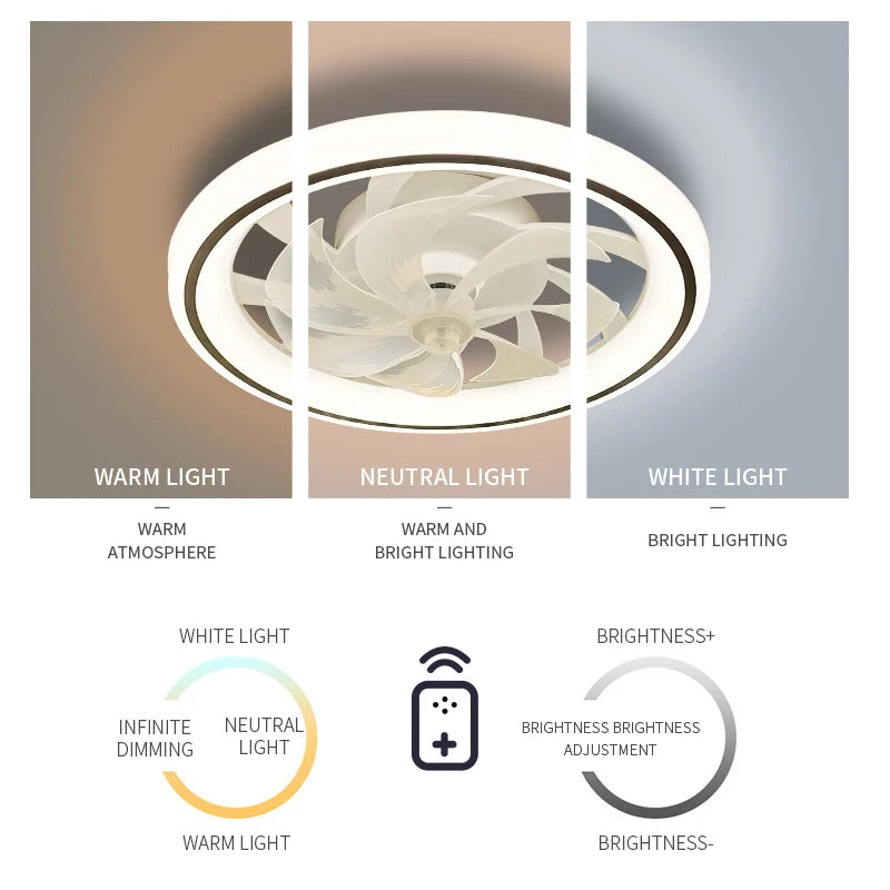 Smart Ceiling Fan with Lights Remote Control - Bedroom Decor Ventilator Lamp, 48cm Air Invisible Blades, Retractable & Silent
