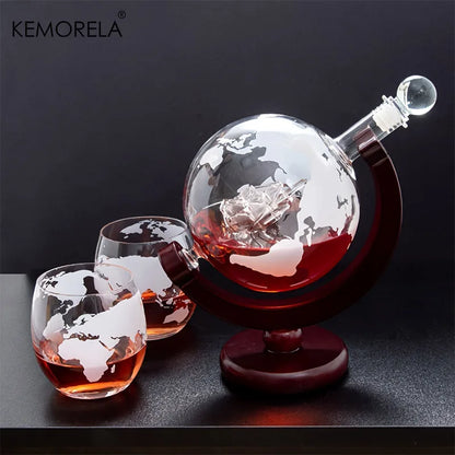 900ML Globe Whiskey Decanter Set – Lead-Free Carafe with Wood Stand & 2 Glasses