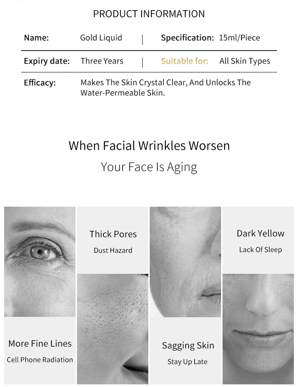 Soluble Gold Silk Face Lifting Threads Serum – Collagen Peptide Protein Essence for Anti-Aging & Firming Skin