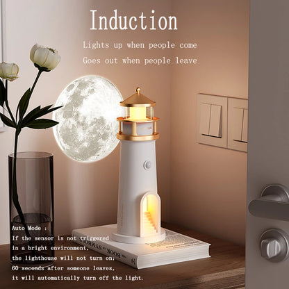 Moon Lamp Projection Night Light – Lighthouse Design with Bluetooth Music, Remote Control & Motion Sensor, Ambient Light for Xmas & Birthday Gift