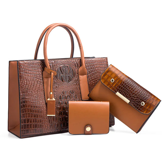 New Crocodile Pattern Handbag Set for Women — 3Pcs Tote, Shoulder Bag & Clutch, Large Capacity Fashion Set