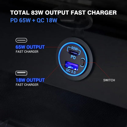 83W 12V Car USB Outlet – Laptop Charger with 65W USB-C PD3.0 & 18W QC3.0, Waterproof Multi-Port Socket with Power Switch for RV & Car