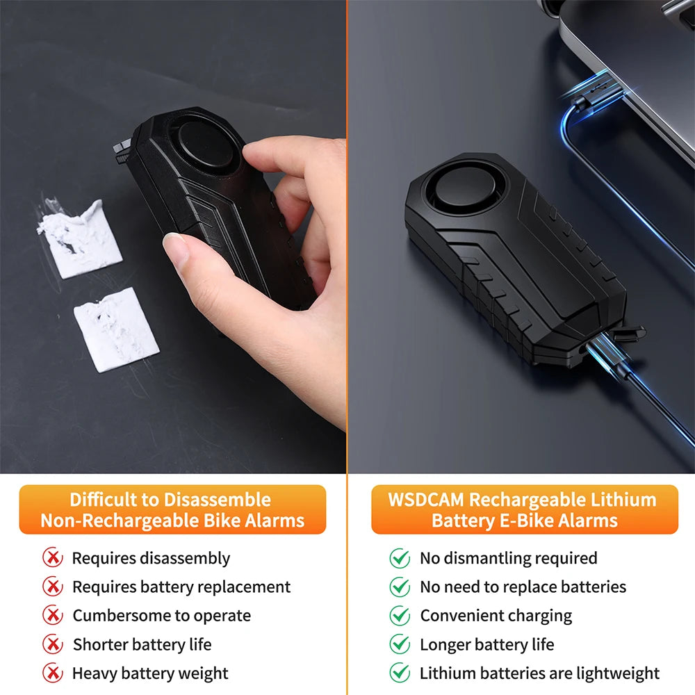 Wsdcam Vibration Bicycle Alarm – USB Rechargeable Anti-Theft Motorcycle Bike Alarm 113 dB Waterproof with Remote Control