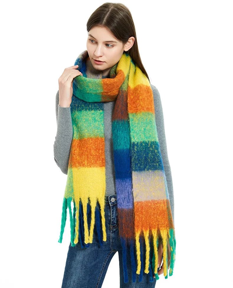 2025 Women's Winter Thick Cashmere Scarf – Warm Pashmina Shawl with Rainbow Tassels & Wraps