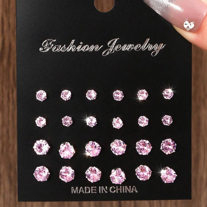 12 Pairs Luxury Zirconia Earrings – Elegant Shiny Stud Set for Parties, Gifts, and Couples