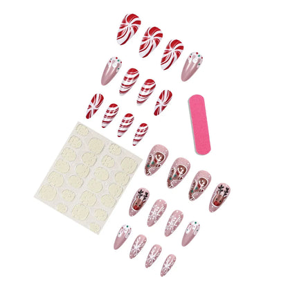 Medium Long Christmas Fake Nails – Square & Almond Tips with Tree, Snowflake & Snowman Designs