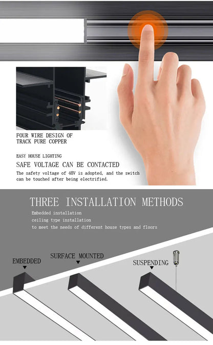 LED Magnetic Track Light Grille, Modern Embedded Flexible Linear Flood Lamp, DC48V Ceiling Spotlight for Indoor Living