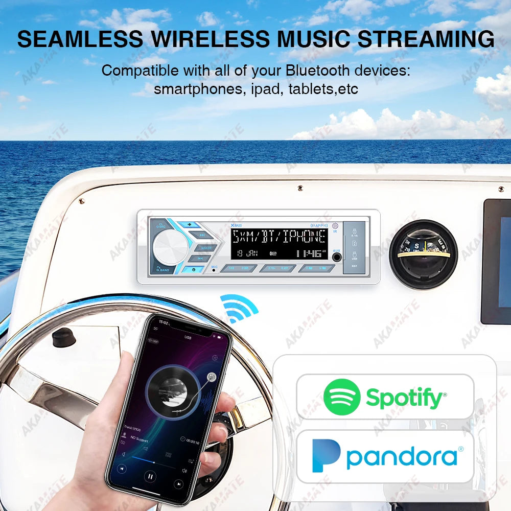 AKAMATE 1Din Boat Radio — Bluetooth Marine Media Stereo Player with AUX, USB, Remote Control, FM/AM for RV, ATV, UTV, SPA, RZR