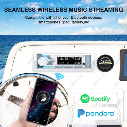 AKAMATE 1Din Boat Radio — Bluetooth Marine Media Stereo Player with AUX, USB, Remote Control, FM/AM for RV, ATV, UTV, SPA, RZR
