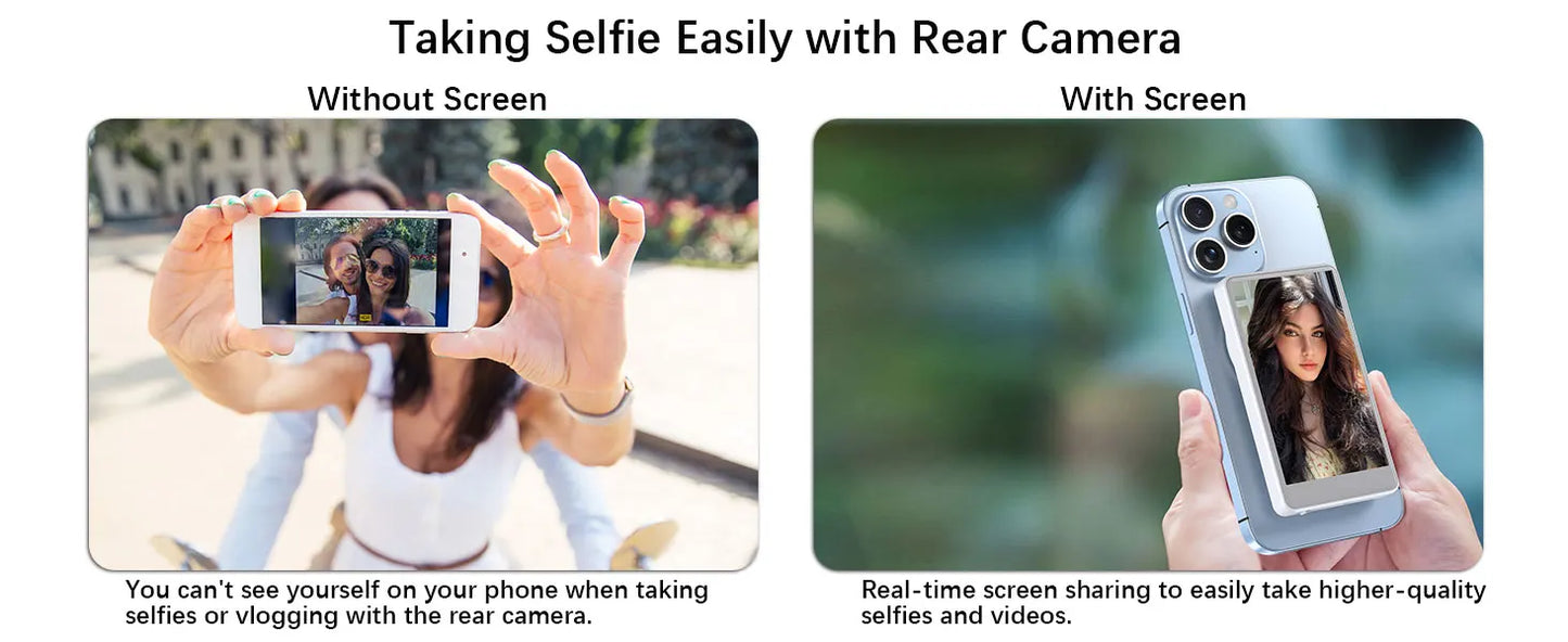 Magnetic Phone Vlog Selfie Monitor Screen – Rear Camera Selfie Display Compatible with iPhone & Android