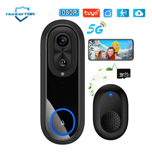 5G/2.4G WiFi 1080P Wireless Video Doorbell — Tuya App Smart Intercom, IP65 Waterproof, 7000mAh Battery