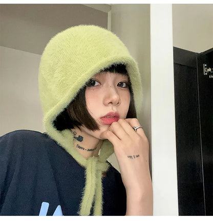 Y2K Cute Beanie Hat – Warm Japanese Knit for Autumn & Winter, Ear Protection, Tie Pullover Cap for Men & Women